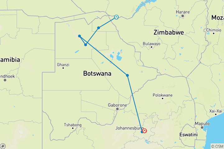 Map of Okavango & Beyond (from Victoria Falls to Johannesburg)