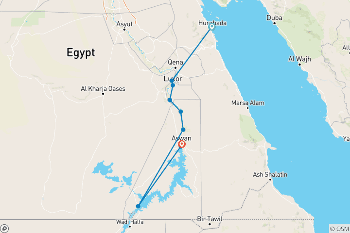Carte du circuit Croisière majestueuse de 5 jours sur le Nil : Louxor à Assouan avec montgolfière et Abou Simbel au départ d'Hurghada