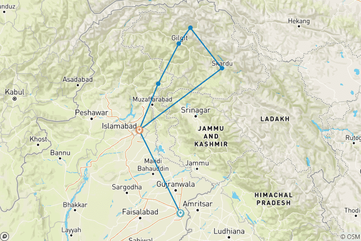 Map of 12 Days Lahore, Islamabad, Hunza & Skardu Tour Pakistan