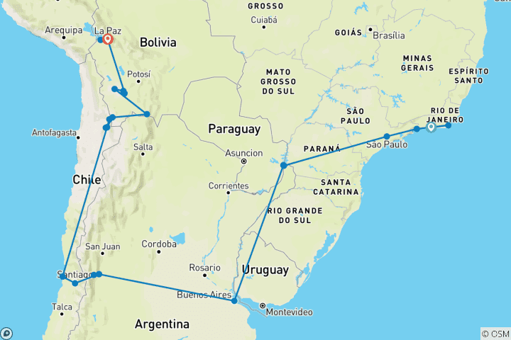 Carte du circuit 5 pays : Rio de Janeiro à La Paz (30 jours)