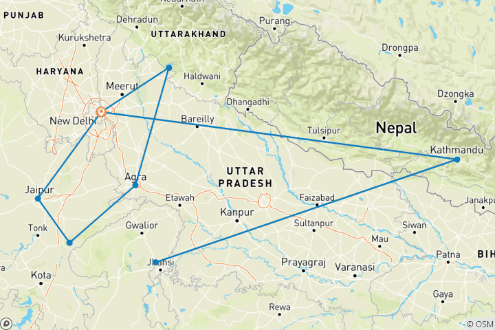Kaart van 12 Dagen Chitwan National Wildlife Safari Tour met Tajmahal All Inclusive
