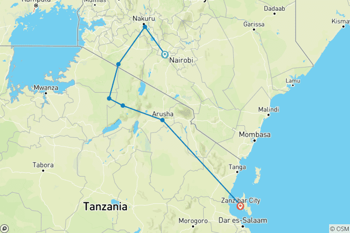 Mapa de Descubre los 13 mejores días de inolvidable safari privado con presupuesto reducido y maravillas playeras por Kenia, Tanzania y Zanzíbar