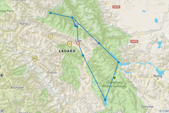 Kaart van Begeleide Leh Ladakh rondreis met TSO Moriri meer