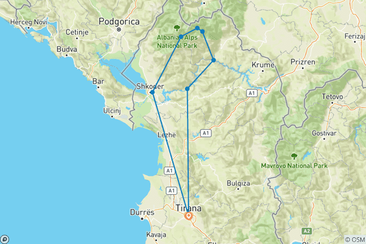 Mapa de Excursión de senderismo de 3 días por los Alpes Albaneses - Completamente guiada (Grupo reducido)
