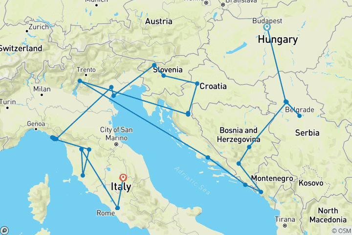 Map of Budapest to Rome