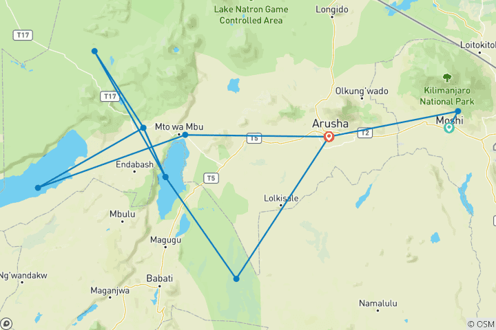 Mapa de Descubre el safari en grupo de 8 días por Tanzania más asequible, combinado con experiencias culturales locales únicas y guiadas