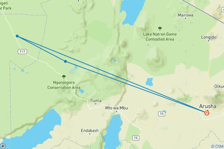 Mapa de Únete a nuestro emocionante safari en grupo de 3 días por Tanzania desde Arusha