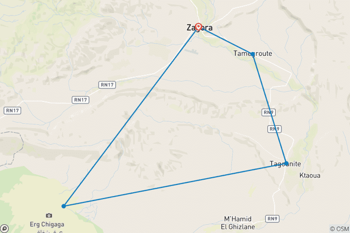 Kaart van Zagora naar Erg Chigaga Sahara woestijn Express in 2 dagen