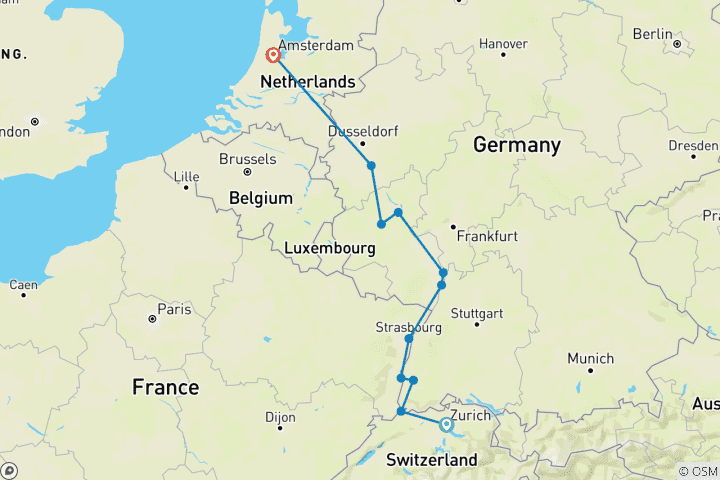 Carte du circuit La magie du Rhin et de la Moselle (de Zurich à Amsterdam)