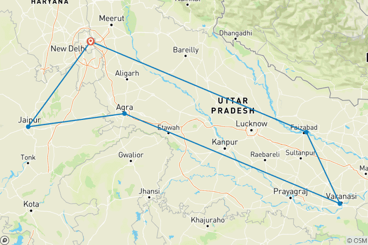 Karte von Goldenes Dreieck mit Ayodhya und Varanasi