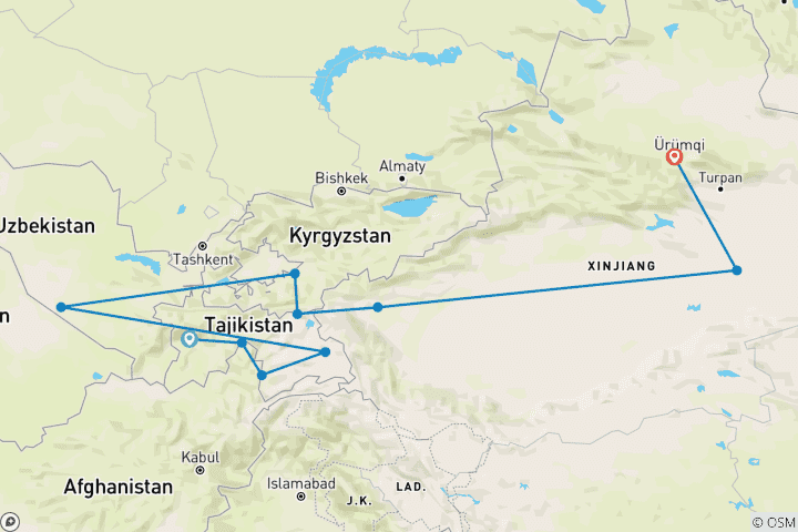Mapa de Una extraordinaria odisea por la Ruta de la Seda - aventura de Tayikistán a China