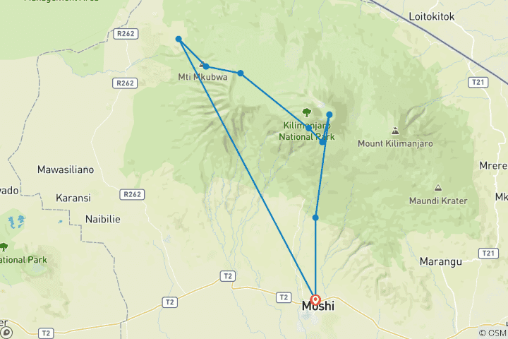 Kaart van Beste 7-daagse groepsbudget Kilimanjaro beklimming via Lemosho Route vanuit Moshi