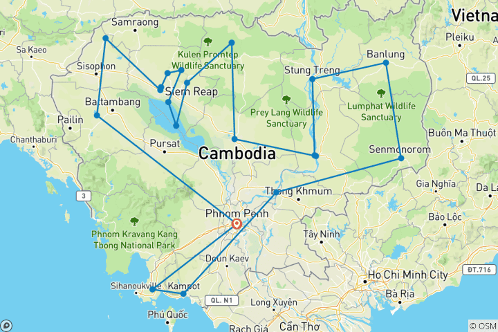 Kaart van Cambodja Grand Discovery 22 daagse privéreis door erfgoed, hooglanden & kust