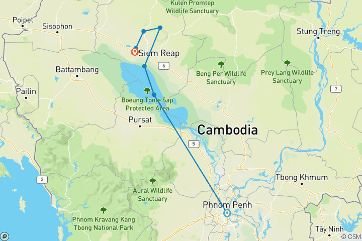 Karte von Kambodscha Kulturreise 7 Tage Privatreise von Phnom Penh nach Siem Reap