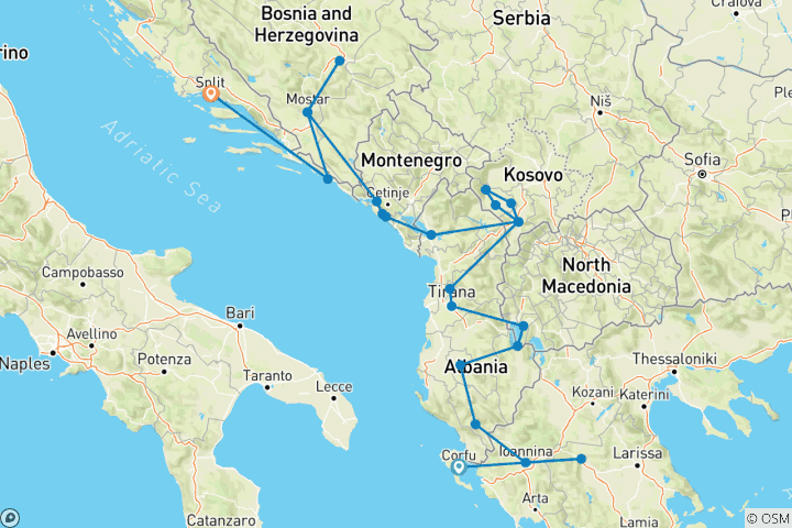 Kaart van Kleine Groepsreis; 7 Balkanlanden van Corfu naar Dubrovnik of Split