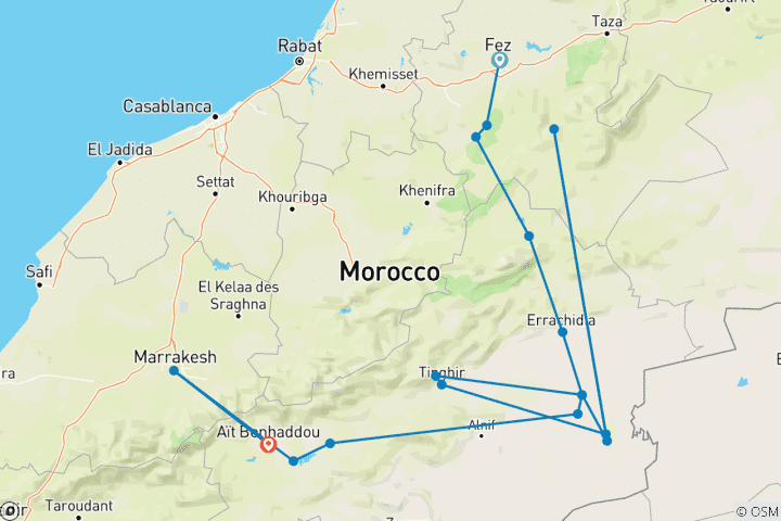 Carte du circuit Best Morocco Tour Fes To Marrakech Desert Tour 5Days
