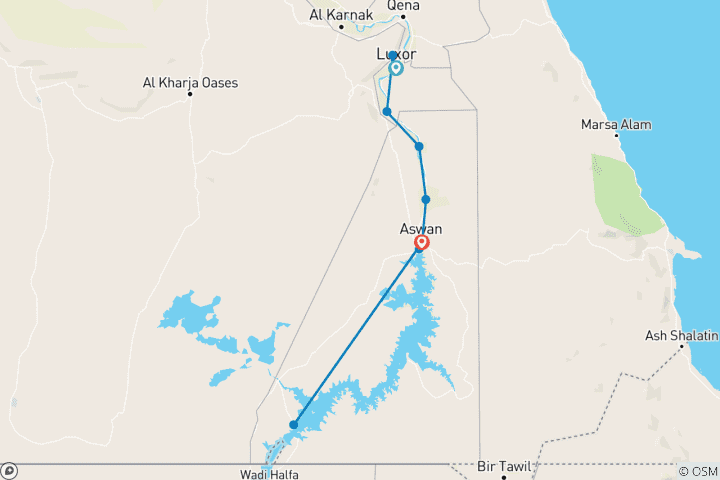 Map of 4 Nights Cruise Luxor to Aswan Including Air Balloon, Abu Simbel and Nubian Village