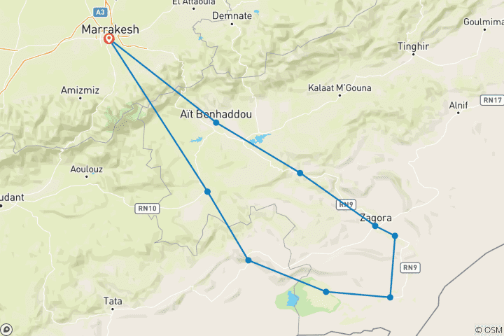 Carte du circuit 3 jours d'aventure dans le désert de Marrakech à l'erg Chigaga en passant par Ait ben haddou et Zagora