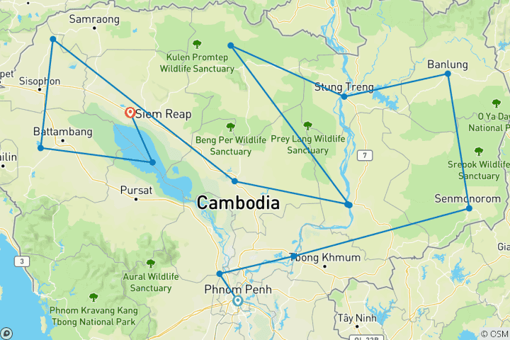 Karte von Die groĂźe Kambodscha-Reise 23 Tage private durch Kultur, Natur und Erbe