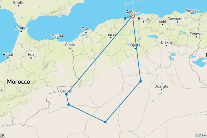 Carte du circuit Voyage sur mesure de 11 jours dans le désert d'Algérie, départ quotidien et guide privé
