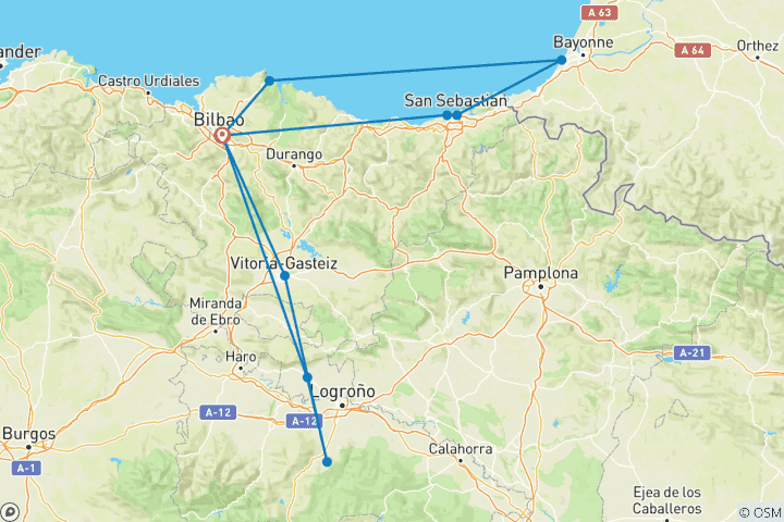 Kaart van 7-daagse rondreis Baskenland vanuit Bilbao