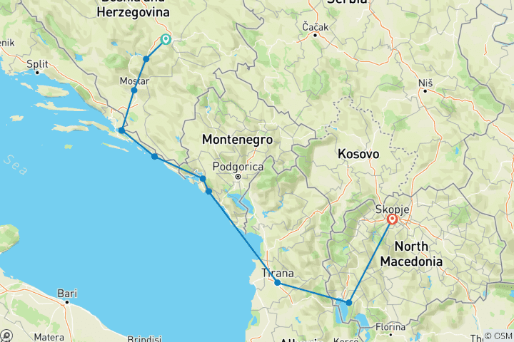 Carte du circuit Tour des Balkans : 5 pays en 7 jours Bosnie - Croatie - Monténégro - Albanie - Macédoine du Nord