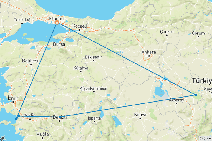 Map of 8 Days Highlights of Turkey Tour by Plane