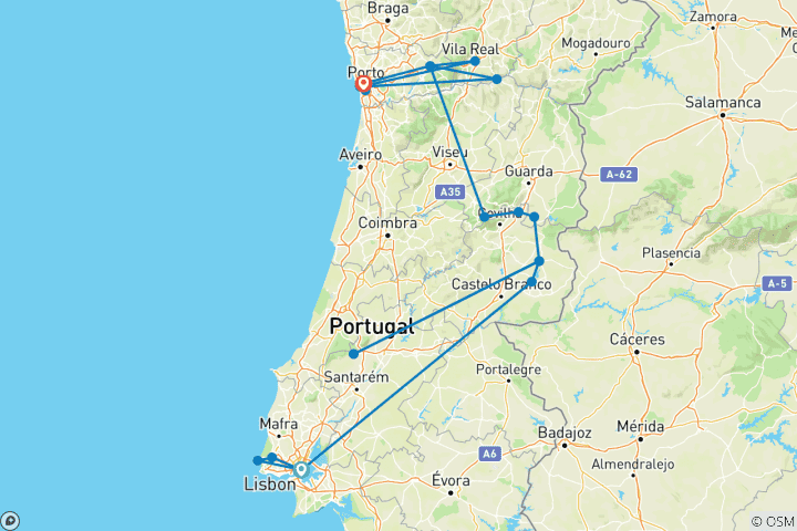 Carte du circuit Geluxe : Portugal : randonnées côtières, vignobles & villages dans la vallée du Douro