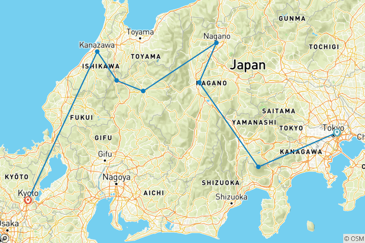 Carte du circuit 13 jours d'excursion au Japon (guide et chauffeur privés)Customizable