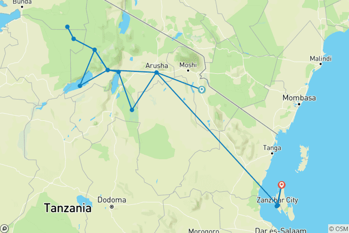 Kaart van 10 Daagse Big Five Tanzania Luxe Safari Cultuur Tour en Zanzibar Strand Excursie (lokale vlucht)