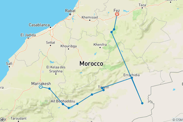Carte du circuit 3 JOURS DANS LE DÉSERT DE MERZOUGA DÉPART DE MARRAKECH POUR FES