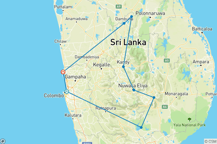 Mapa de Circuito de 3 días por lo más destacado de Sri Lanka: Sigiriya, Kandy, el tren de Ella y el safari de Udawalawe
