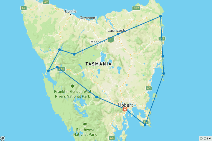Map of Tasmanian Discovery - 6 Day Comfort Tour of Tasmania