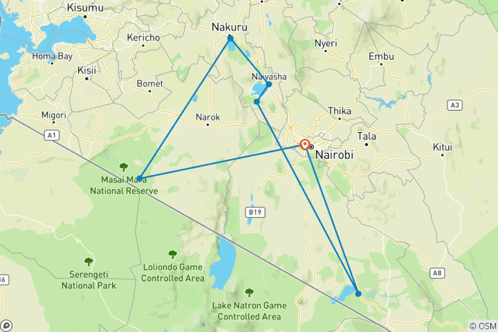 Carte du circuit 7 jours Amboseli- Lac Naivasha - Hells gate - Masai Mara|Safaris en groupe