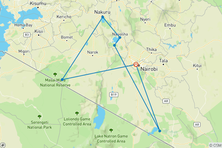 Carte du circuit 7 jours Amboseli- Lac Naivasha - Hells gate - Masai Mara|Safaris en groupe