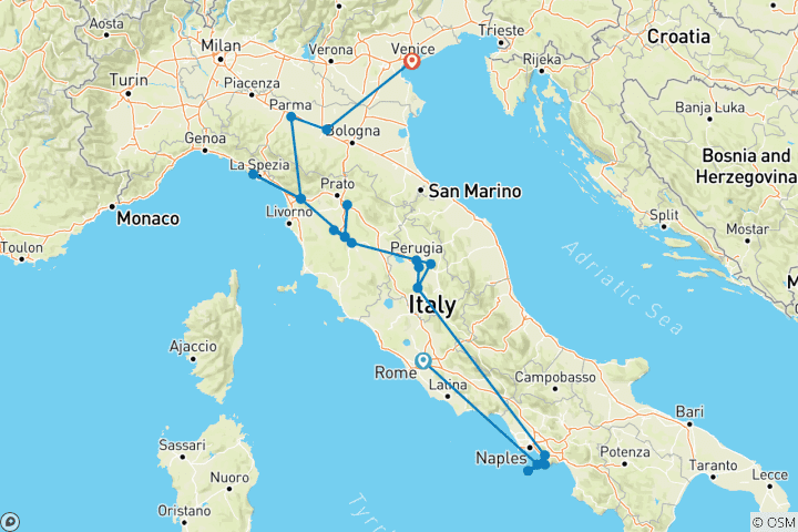 Carte du circuit Les routes de campagne d'Italie, un circuit réservé aux femmes (petit groupe)