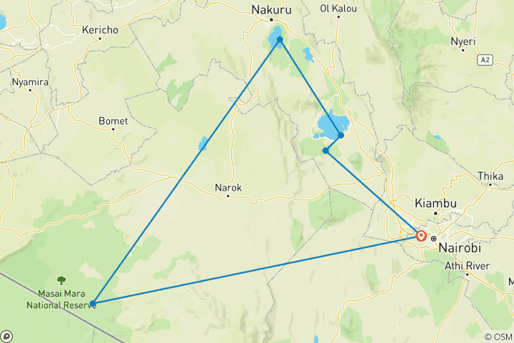 Map of 5 Days Masai Mara, Lake Nakuru & Naivasha |Group Safari