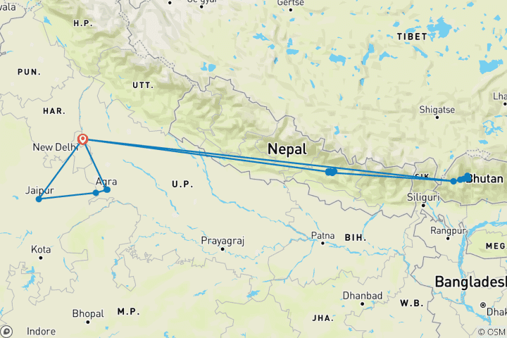 Carte du circuit Expérience de l'Inde, du Népal et du Bhoutan - 3 pays en 16 jours