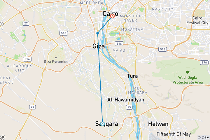 Carte du circuit 2 jours de visites guidées privées du Caire et de Gizeh avec transferts gratuits vers l'aéroport du Caire