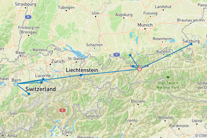 Karte von Entdecken Sie die Schweiz, Österreich und Bayern (von Bern nach Innsbruck, 2026)