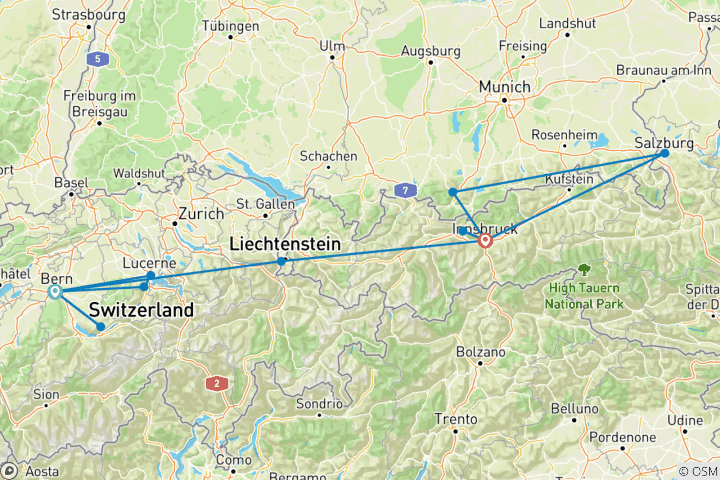 Map of Discover Switzerland, Austria & Bavaria (Bern to Innsbruck, 2026)