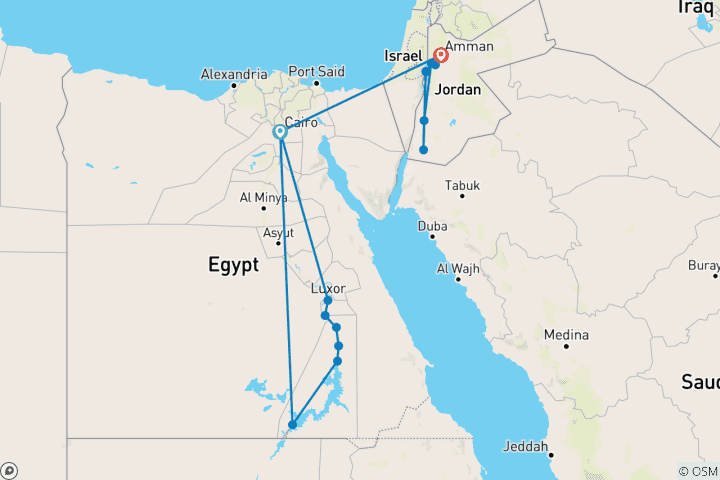 Karte von Ägypten & Jordanien Highlights | 12 Tage - Inlandsflüge & GEM inbegriffen