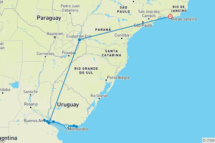 Karte von Uruguay, Argentinien & Brasilien Rundreise - 14 Tage südamerikanisches Mosaik