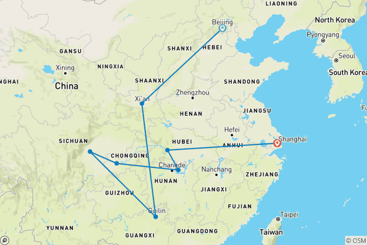 Map of 15-Day Classic China Vacation: Luxury Hotels, Iconic Sites, Acrobatic and Dance Show