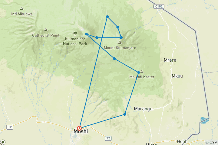 Kaart van Beklim Mt.Kilimanjaro Rongai Route 7 dagen | 6