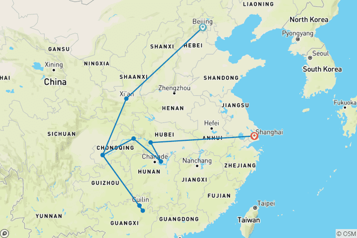 Mapa de 14 Días China Crucero por el Yangtsé y el río Li (guía y conductor privados)