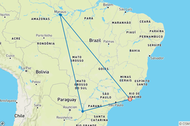 Karte von Exotische Trilogie: Rio, Iguazu Wasserfälle & Amazonas (mit Inlandsflügen)