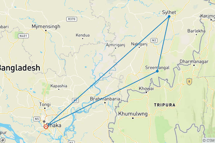 Map of 5 Days Tailor-Made Bangladesh Tour with Wildlife, Daily Start & Private Guide