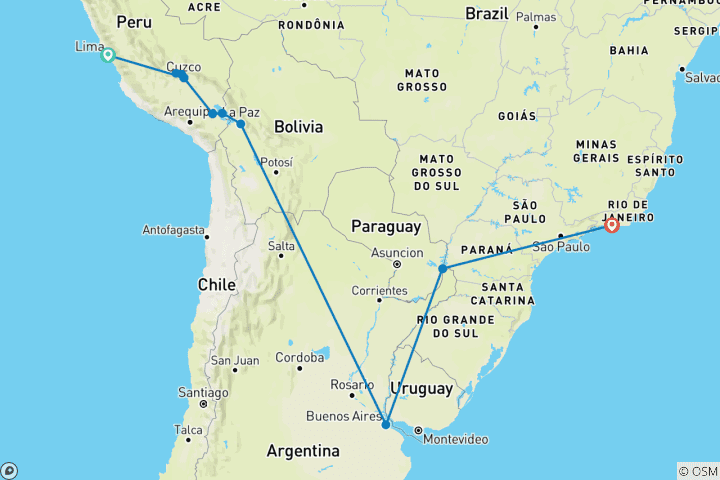 Karte von Große Südamerika Rundreise - 18-tägige Kleingruppenreise durch die Höhepunkte von Peru, Bolivien, Argentinien und Brasilien
