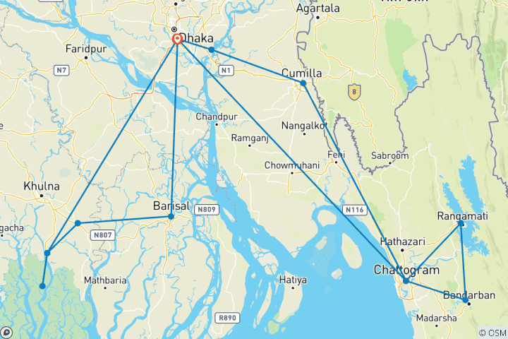 Carte du circuit Circuit privé de 12 jours au Bangladesh, départ quotidien, guide et voiture exclusifs